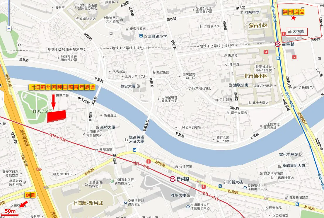 SOHO Youth Hostelから大悦城までの地図